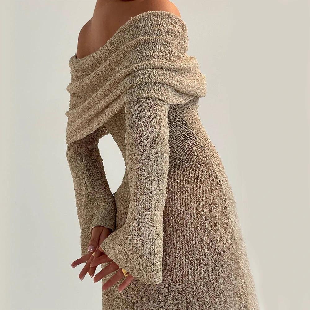 New One-shoulder Knitted Long-sleeved Dress Sexy Beach Holiday Long Dresses Womens Clothing MANDOTOS
