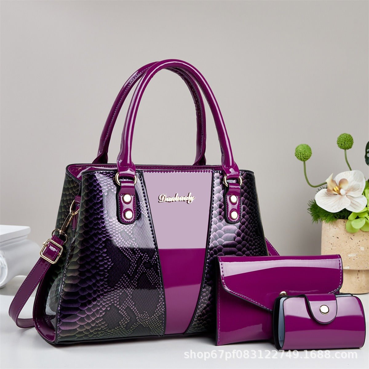 Shoulder crossbody bag and matching wallet 2-piece set in glossy purple patent snakeskin by Ancient Energy