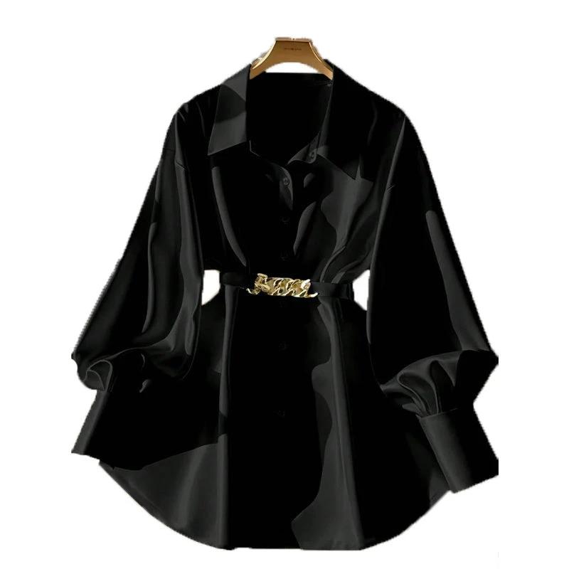Women's Elegant Lapel Button-Down Top With Adjustable Metal Waist Belt Solid Color Loose Fit Blouse For Casual & Office Wear MANDOTOS