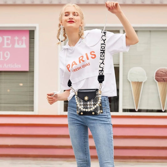 Fashion Women'S Crossbody Bag Girl'S Cute Princess Wallet Classic Shoulder Bag Summer Pearl Chain Phone Bag - MANDOTOS