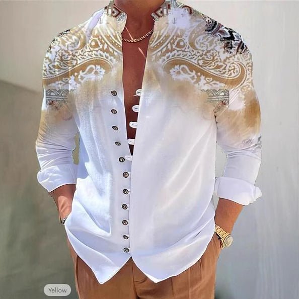Mens 3D printed shirt top; white fabric with gold ornate shoulder pattern and button-down placket.
