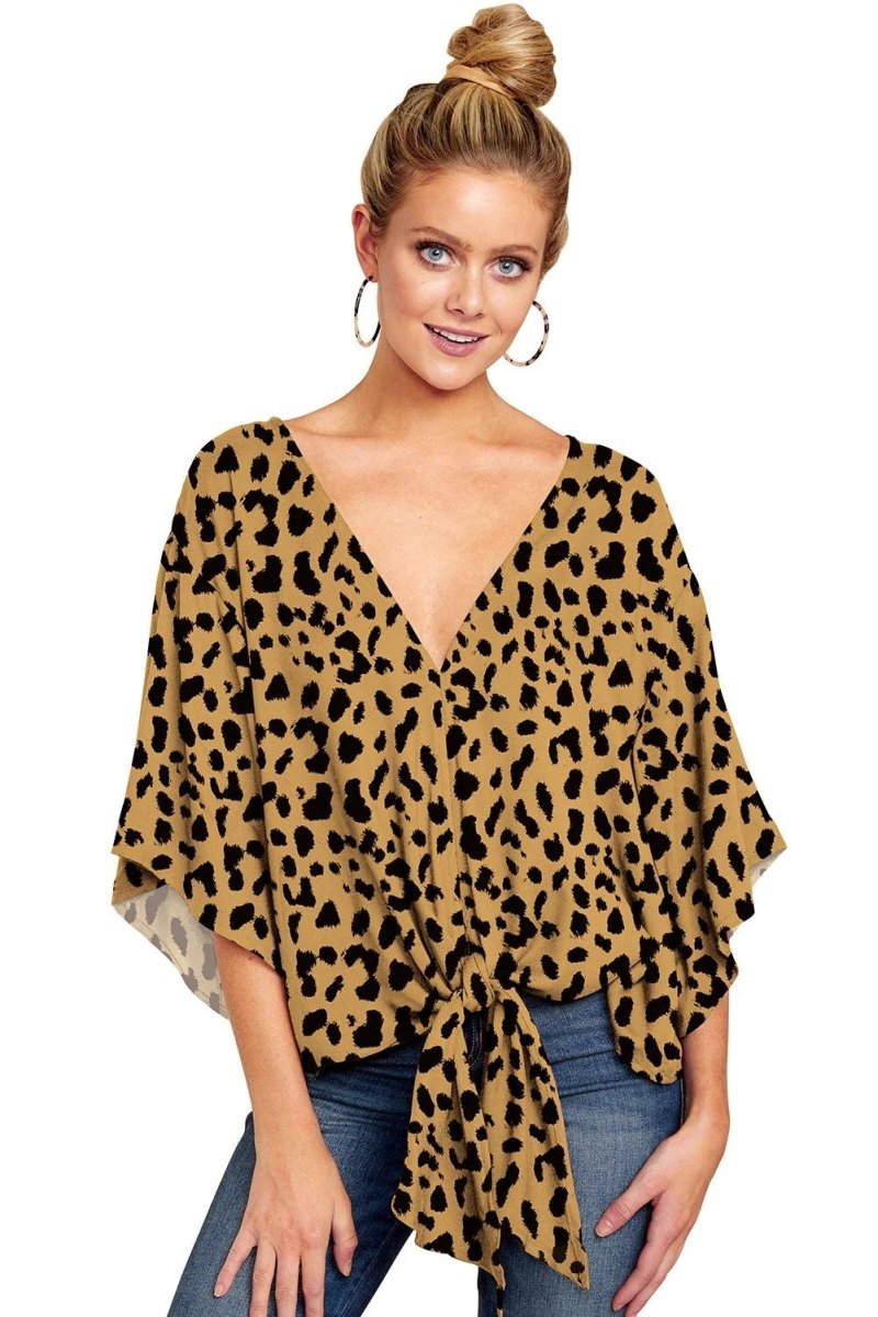 New V Neck Blouse Women Leopard Print Shirts Floral Tie Front Blouses Batwing Summer Oversize Ladies Tops - MANDOTOS INTERNATIONAL0