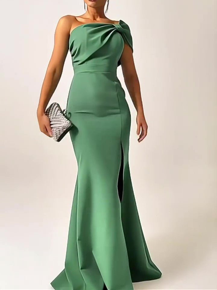 Green Bow Tube Top Evening Dress with bow-shoulder detail, satin finish, front slit.
