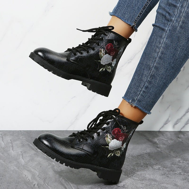 Workwear boots, black high-top with rose embroidery and chunky lug sole for women