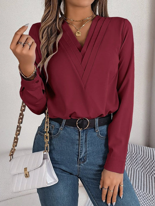 Fashion V - Neck Long Sleeve Shirt Elegant Commuter Solid Blouse Office Women's Clothing - MANDOTOS INTERNATIONAL0