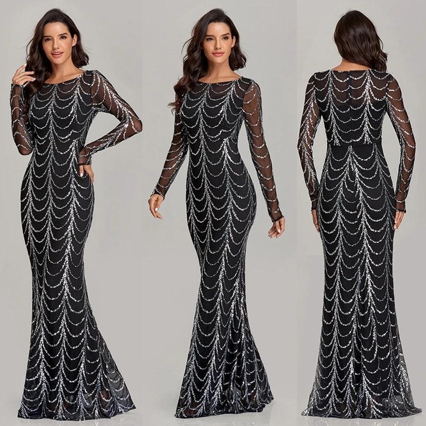 Sequins Women Maxi Dresses Long Sleeve Female Party Dresses MANDOTOS
