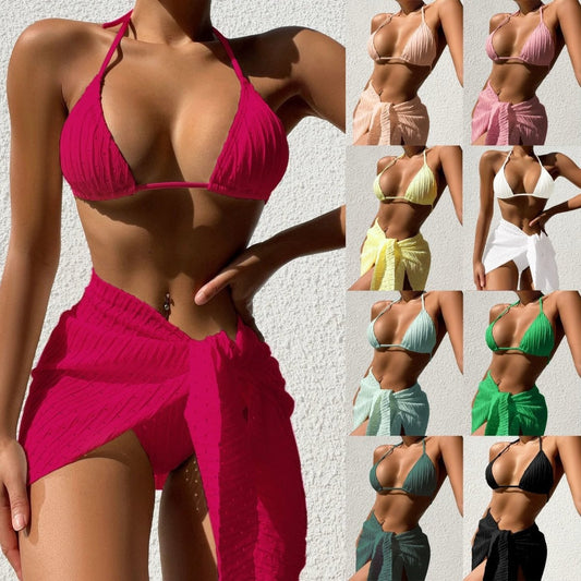 3-Piece Halterneck Swimsuit Set - Bikini with Mesh Skirt - MANDOTOS