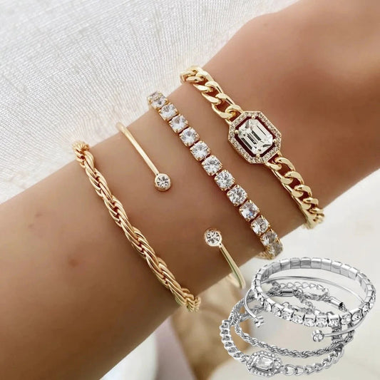 Fashion Jewelry 4 Pcs Crystal Bracelet Set Bohemian Design For Women Vintage Luxury Twisted Cuff Chains Armband Jewelry Accessories - MANDOTOS