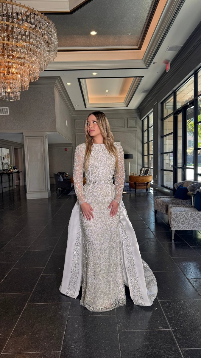 Aleena Bridal Embellished Pearl Crystal Beaded Gown With Detachable Overskirt Iyza Belaar