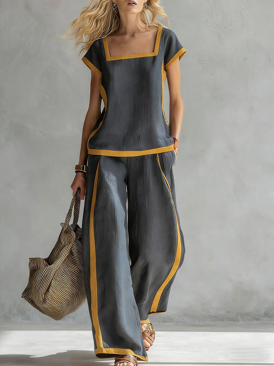 Square-Neck Three-Quarter Sleeve Loose Top & Pants Two-Piece Set - MANDOTOS INTERNATIONALTwo-Piece Set
