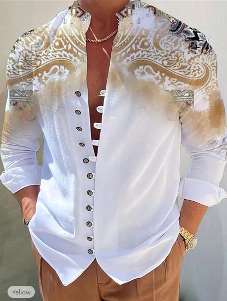 Men's Fashion 3D Printed Shirt Top by Ancient Energy; white button-front shirt with ornate shoulder paisley pattern.