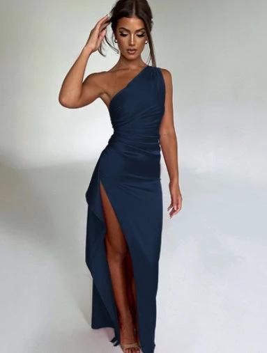 Sexy One-shoulder Backless Slit Dress Summer Elegant Slim-fit Solid Color Satin Dresses For Women MANDOTOS
