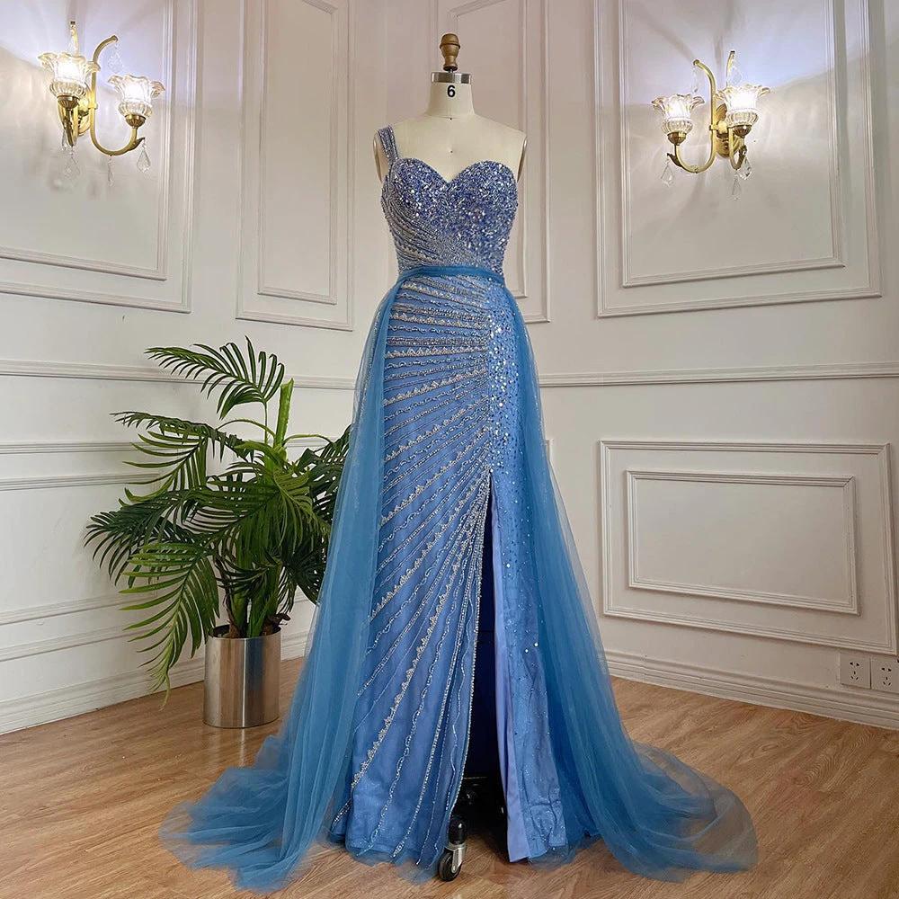 Blue Handmade Beaded Split Shoulder Fishtail Dress MANDOTOS