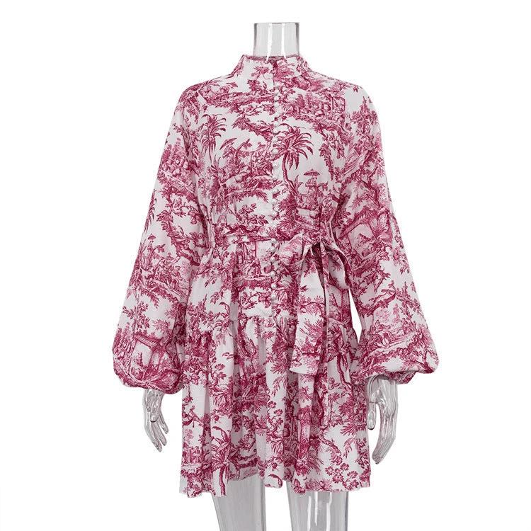 Ink Print Long Sleeve Short Dress With Fashion Puffy Sleeve Lapel Tie A-Line Dress Clothing MANDOTOS