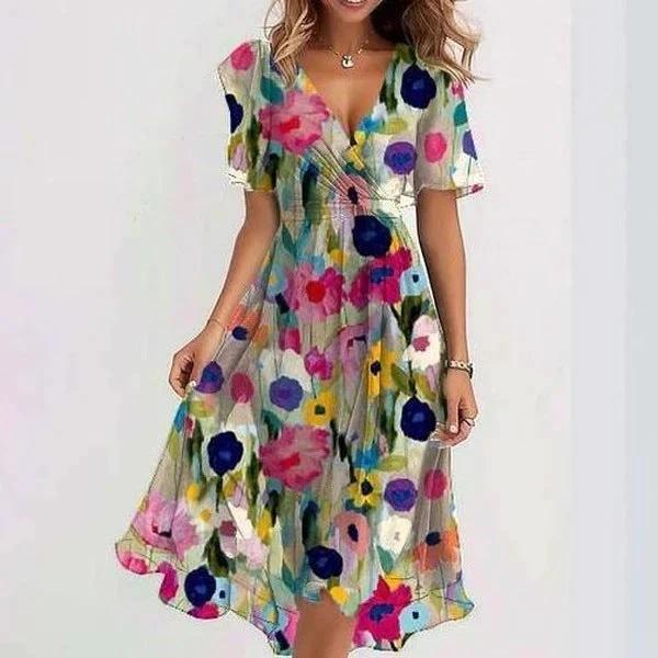 Chiffon Printed Short Sleeve Dress Summer Elegant V-neck Dresses Womens Clothing MANDOTOS