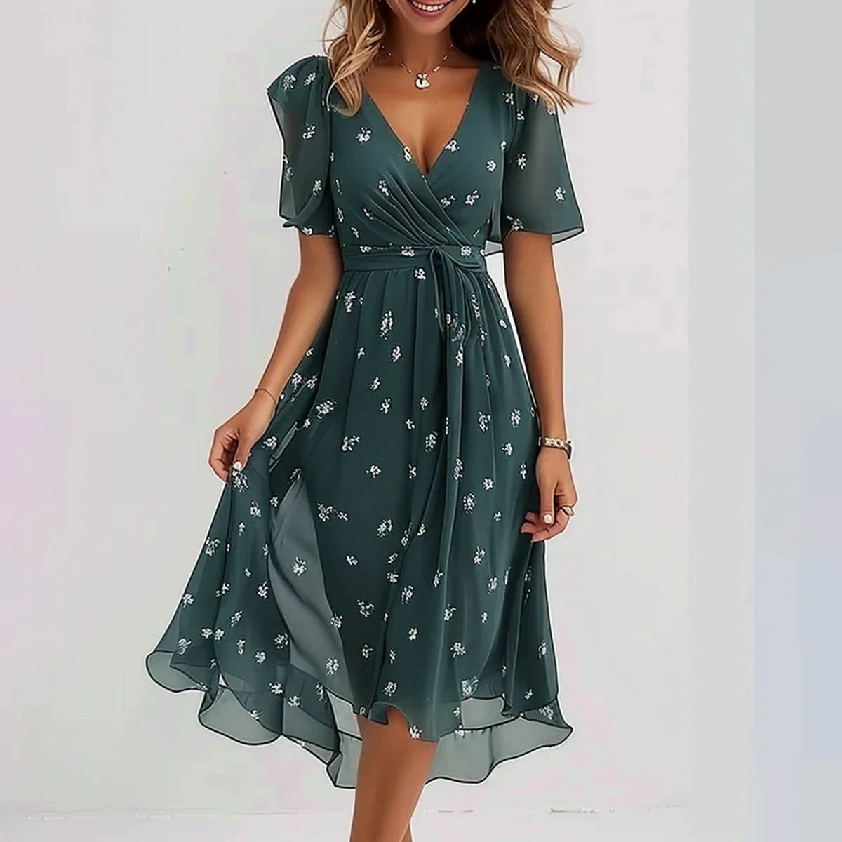 Chiffon Printed Short Sleeve Dress Summer Elegant V-neck Dresses Womens Clothing MANDOTOS