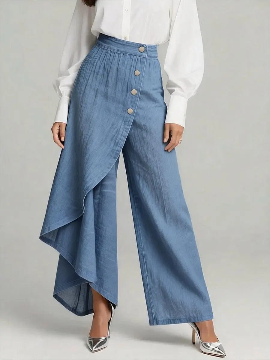 Women’s light-blue faux denim straight-leg pants with an asymmetrical wrap panel and large front buttons