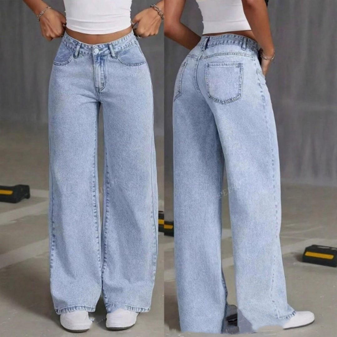 Women's high-waist straight-leg jeans in light-wash denim, front and back views.