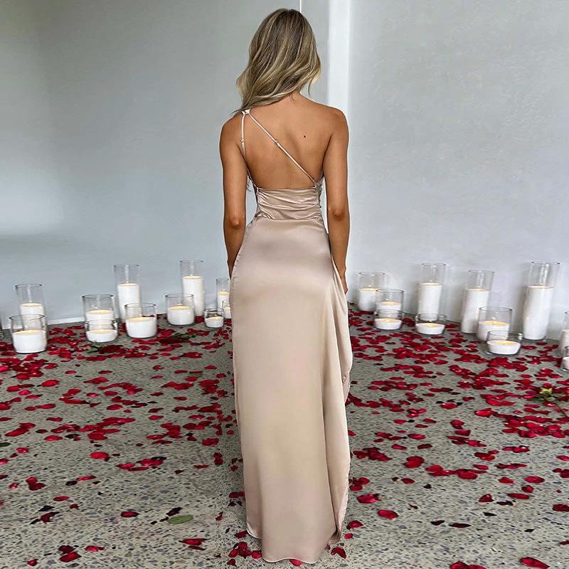 Sexy One-shoulder Backless Slit Dress Summer Elegant Slim-fit Solid Color Satin Dresses For Women MANDOTOS