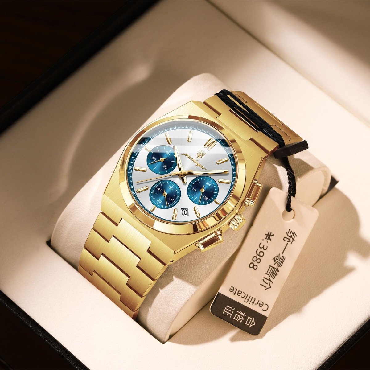 Mens Waterproof Multifunctional Luminous Ultra-thin Watch, gold-tone stainless steel with blue subdials by Ancient Energy.