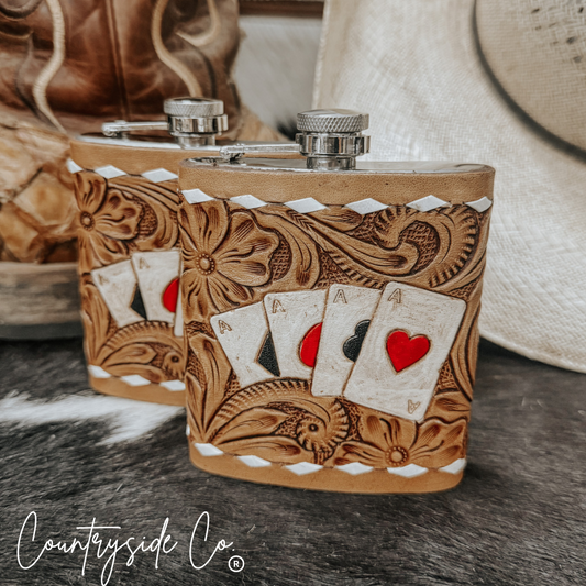 Gambler Tooled Leather Flask: Handcrafted Stainless Steel 7 oz Capacity Artisan Beverage Holder -