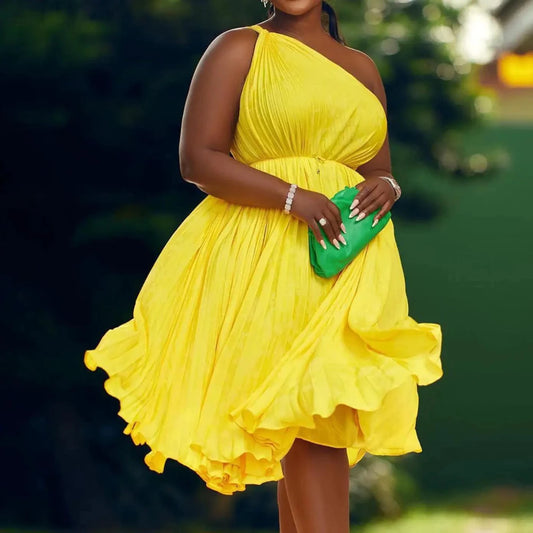 Luxe Couture Ruffle Midi Dress with Flowing Pleats for Effortless Elegance - MANDOTOS