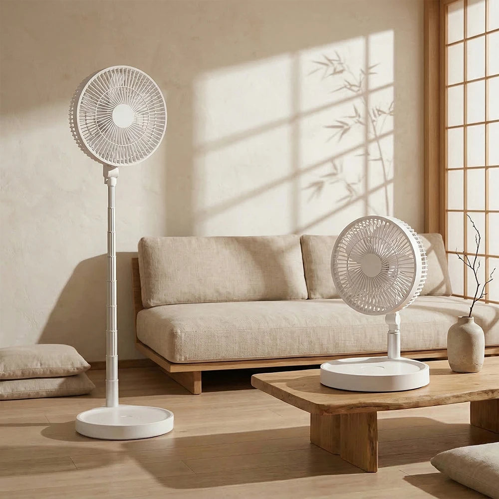Rechargeable Outdoor Standing Fan with Remote, Adjustable Height, 4-Speed, LED Light, Power Bank, Portable for Home & Travel