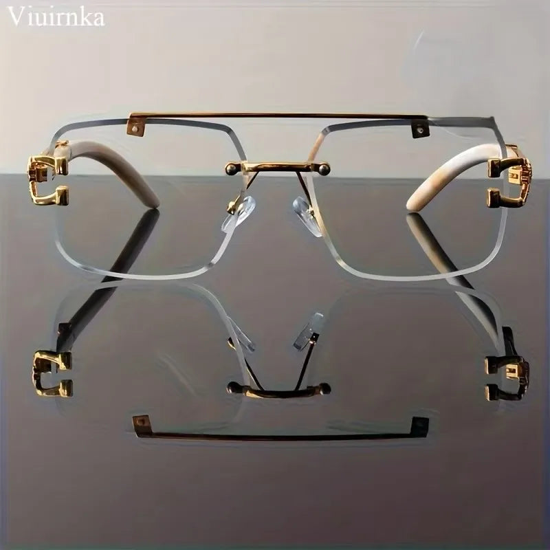 New -Bridge Rimless Square Sunglasses, Featuring Trendy Leopard Print and Wood Grain Design for Men and Women, Perfect for