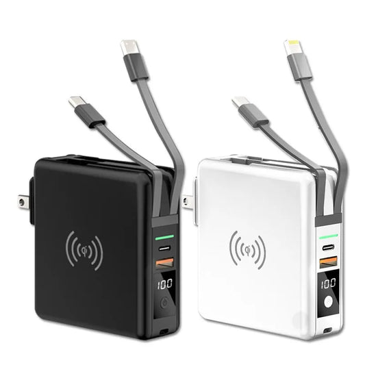 New KP-Super6 Travel Wireless Charger Power Bank PD 10000mah CE ROHS FCC USB C AC Plug 8000mah Portable Charger Built-in Cable