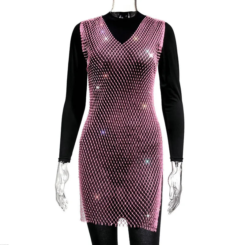 2022 Fishnet Dress V-neck Rose Red Rhinestone Bikini Bling Diamond Party Women Dresses