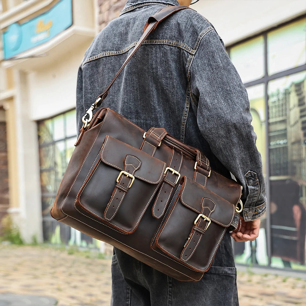Large Capacity Men's Genuine Crazy Horse Leather Retro Business Briefcase Bag Single Shoulder Handbag for Travel