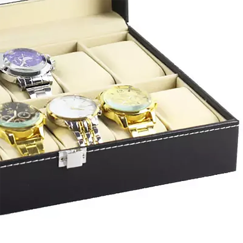 Customized Logo 12 Slots Glass Window PU Leather Watch Case Luxury Display Jewelry Box Travel-friendly Gift Box for Watches
