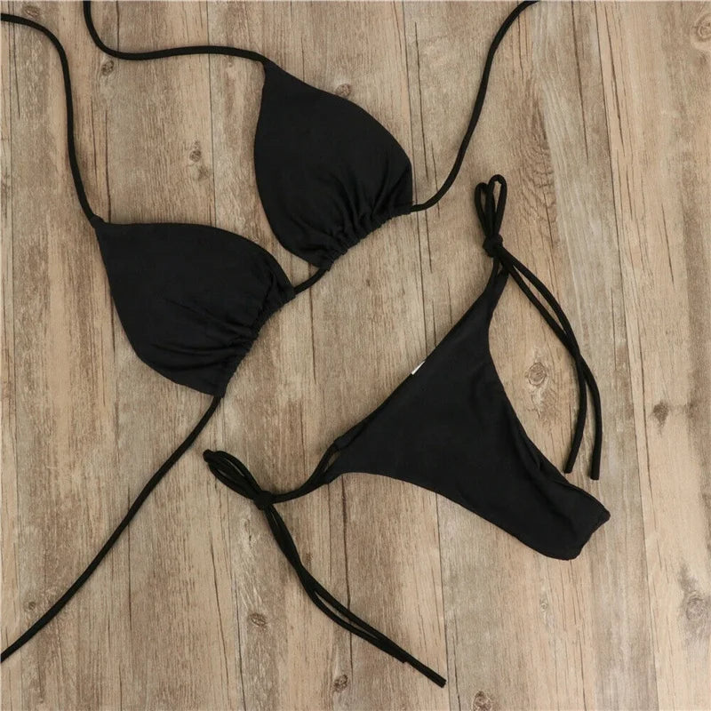 Summer Sexy Solid Mirco Bikini Set Women Tie Side G-String Thong Swimsuit Female Bandage Bathing Suit Brazilian Swimwear Biquini