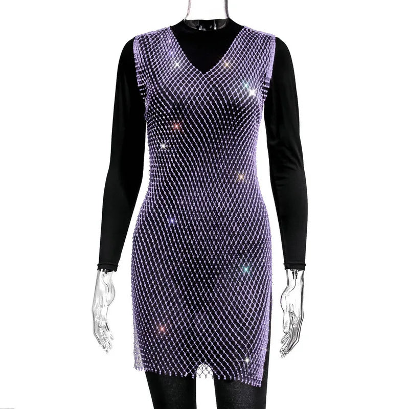 2022 Fishnet Dress V-neck Rose Red Rhinestone Bikini Bling Diamond Party Women Dresses