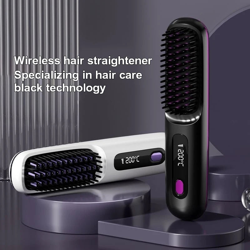 Cordless Portable Mini Hair Straightener - USB Rechargeable Hot Comb and Styling Brush for Travel