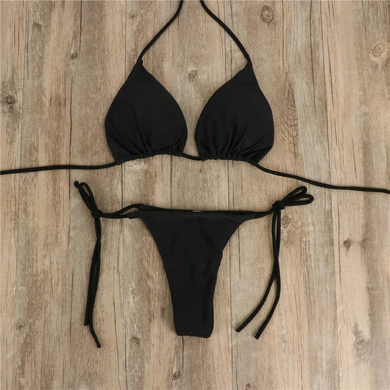 Summer Sexy Solid Mirco Bikini Set Women Tie Side G-String Thong Swimsuit Female Bandage Bathing Suit Brazilian Swimwear Biquini