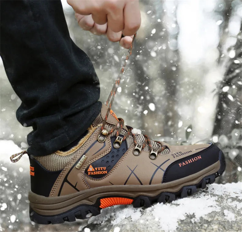Brand Men Winter Snow Boots Waterproof Leather Sneakers Super Warm Men's Boots Outdoor Male Hiking Boots Work Shoes Size 39-47