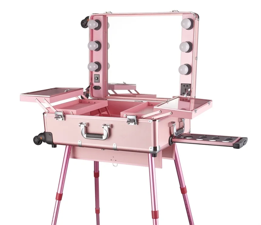 High Quality Makeup Travel Rolling Carry case Cosmetic Beauty Trolley Suitcase with Lights