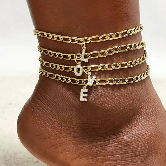 Mandotos Crystal A Z Letter Initial Anklets For Women Cuban Link Stainless Steel Beach Anklet - MANDOTOS