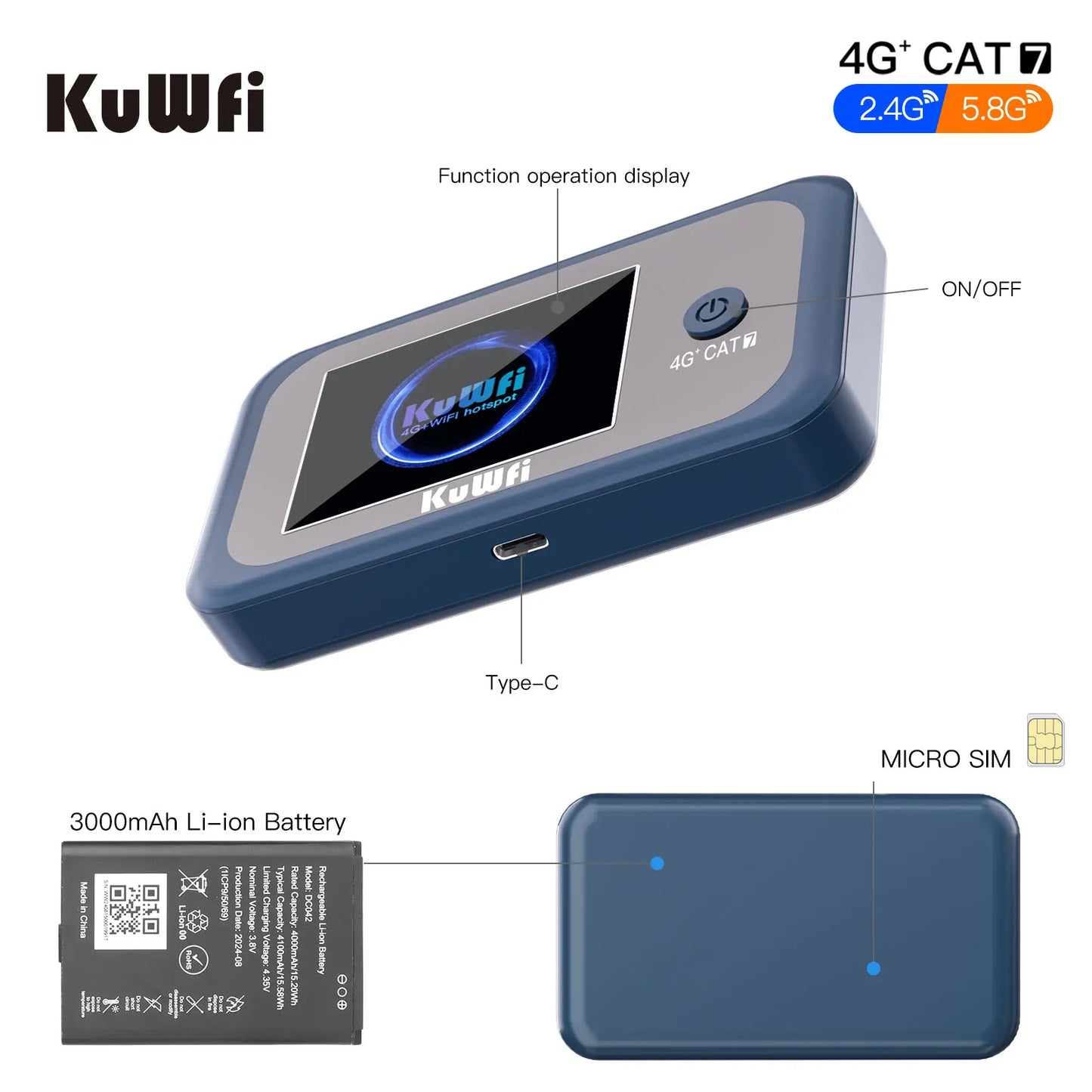 USA Stock KuWFi Cat7 2.4g 5.8g Global Band Router 4g Travel Hotspot Mini Pocket 4g Sim Card Wifi Router with LCD Display