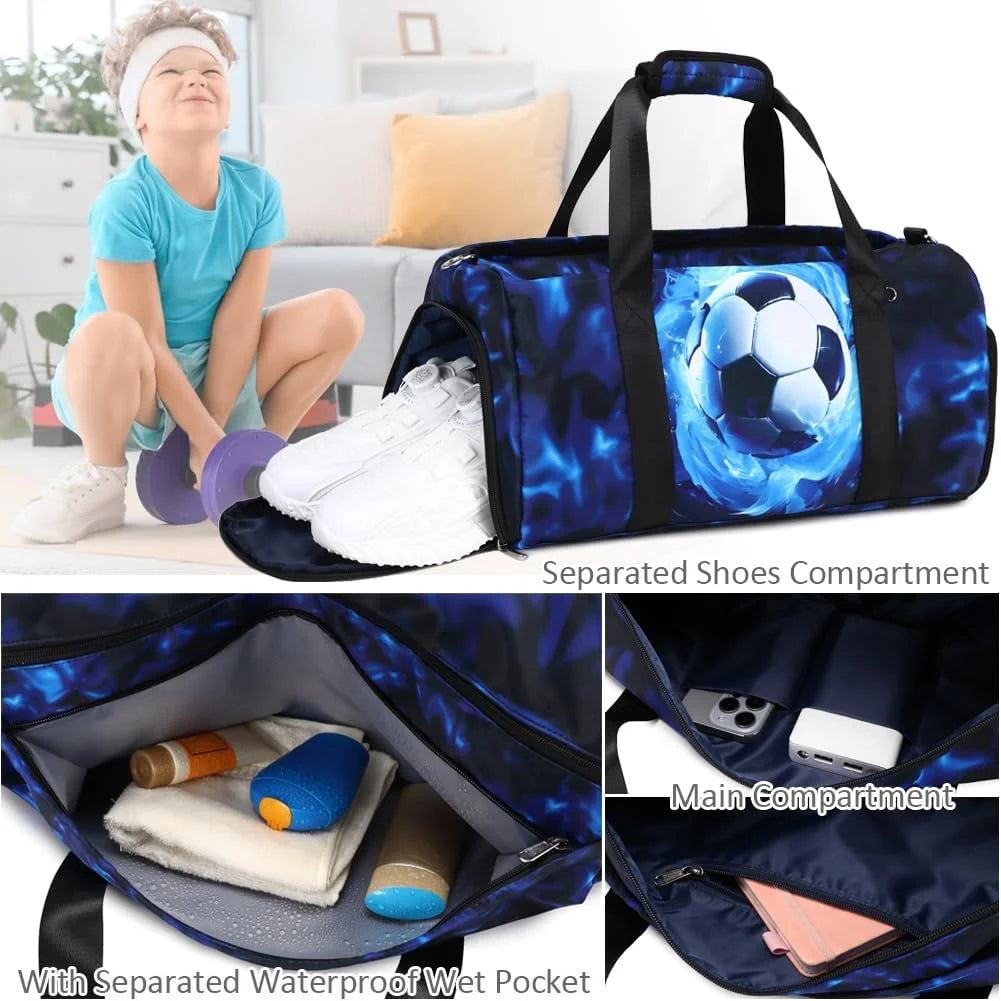 Sports Duffle Bag for Boys Football Gymnastic Bags with Wet Pocket Shoes Compartment Lightning Travel Duffel Bag
