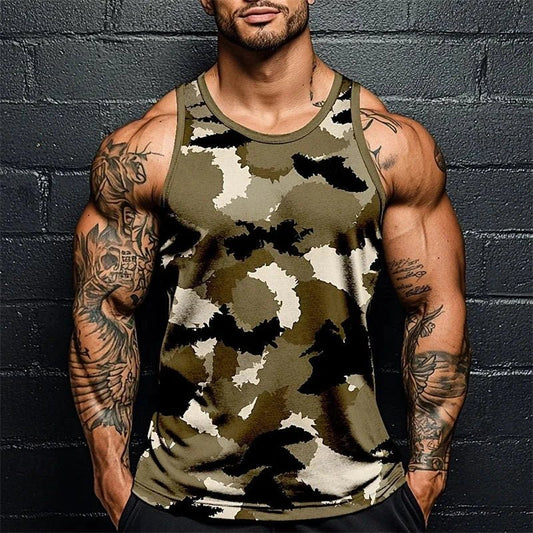 Summer Men Classic Camo Print Fitness Tank Top Gym Sports Loose Breathable Soft Sleeveless Top Fashion Simple Men's Vest Tee MANDOTOS