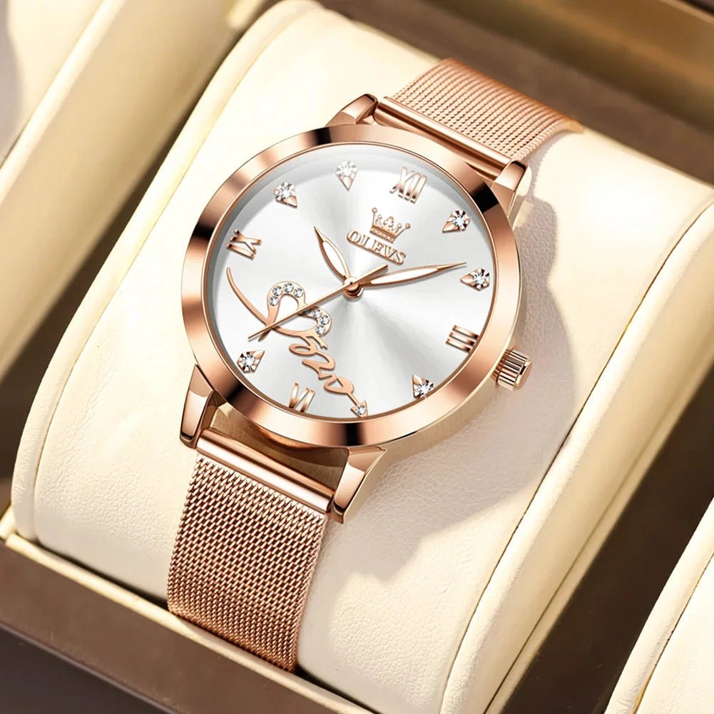 OLEVS Luxury Fashion Ladies' Watches Rose Gold Top Brand Original Quartz Watch for Women Stainless Steel Mesh Strap Love Dial MANDOTOS