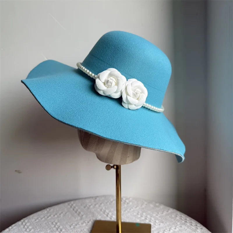 Women's Hats French Style Fedora Hat for Women 10CM Wide Brim Flat Top Felt Hat Winter Autumn Derby Wedding Jazz Hats
