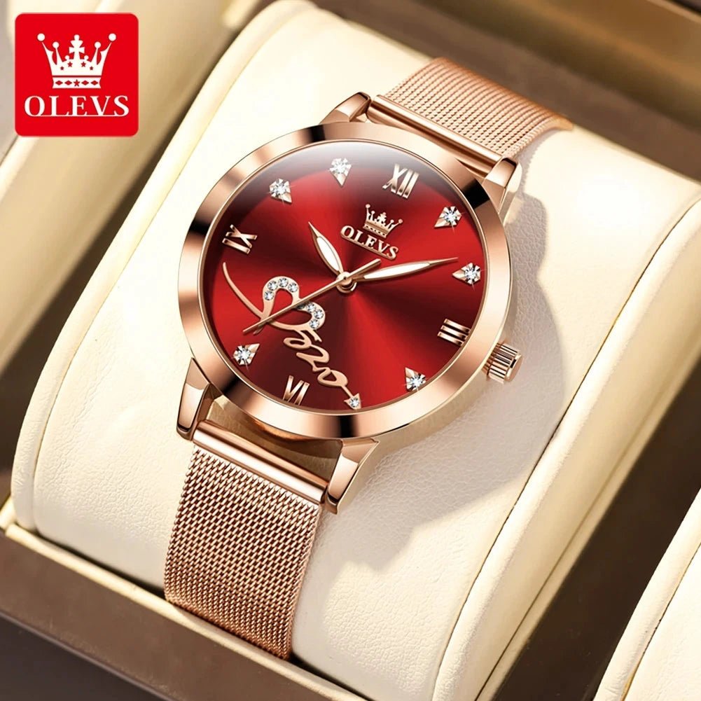OLEVS Luxury Fashion Ladies' Watches Rose Gold Top Brand Original Quartz Watch for Women Stainless Steel Mesh Strap Love Dial MANDOTOS