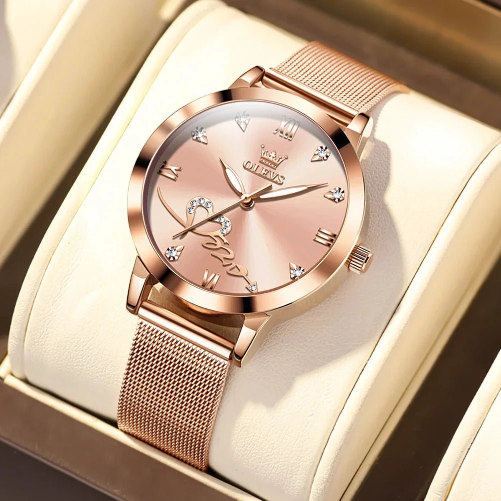 OLEVS Luxury Fashion Ladies' Watches Rose Gold Top Brand Original Quartz Watch for Women Stainless Steel Mesh Strap Love Dial MANDOTOS