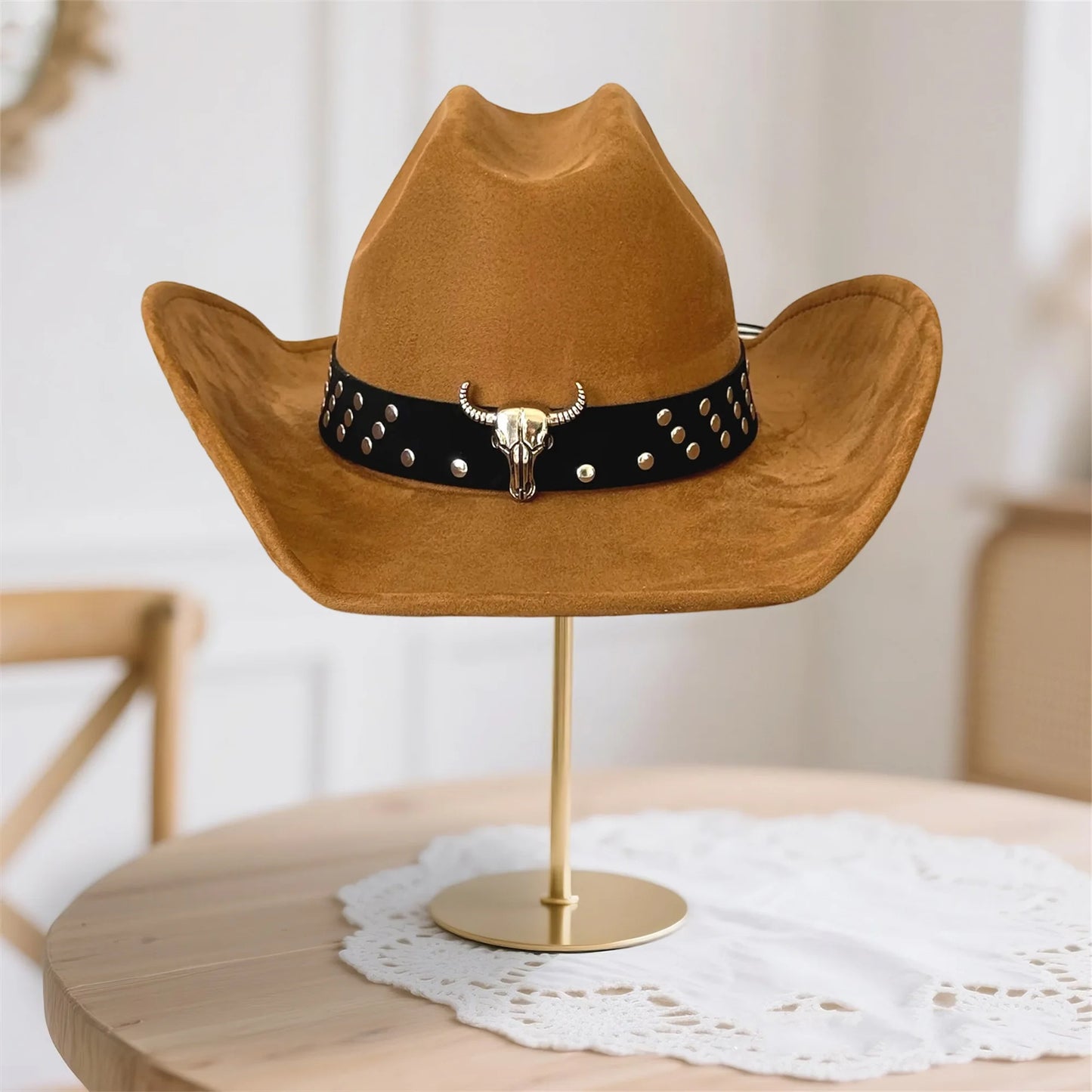 Vintage Style Unisex Cowboy Hat with Bull Head Bead Detail and Wide Brim Fedora for Western Cowgirl Fashionistas