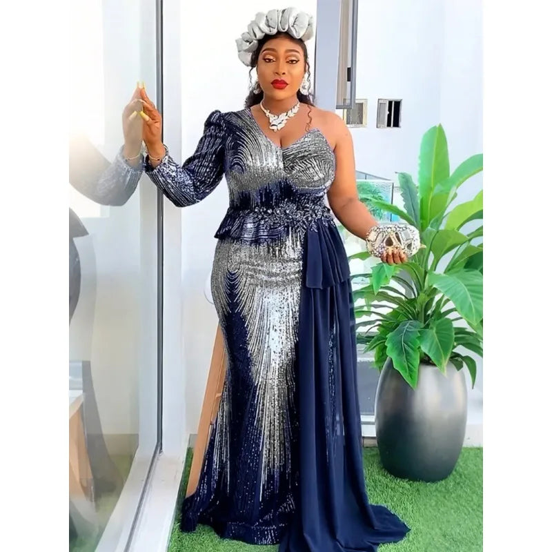 Customized Elegant Dress Women for Wedding Party Summer Autumn African V-neck Long Sleeve Evening Long Maxi Dress Gowns Africa C