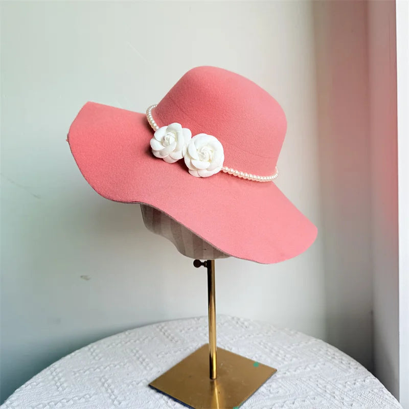 Women's Hats French Style Fedora Hat for Women 10CM Wide Brim Flat Top Felt Hat Winter Autumn Derby Wedding Jazz Hats