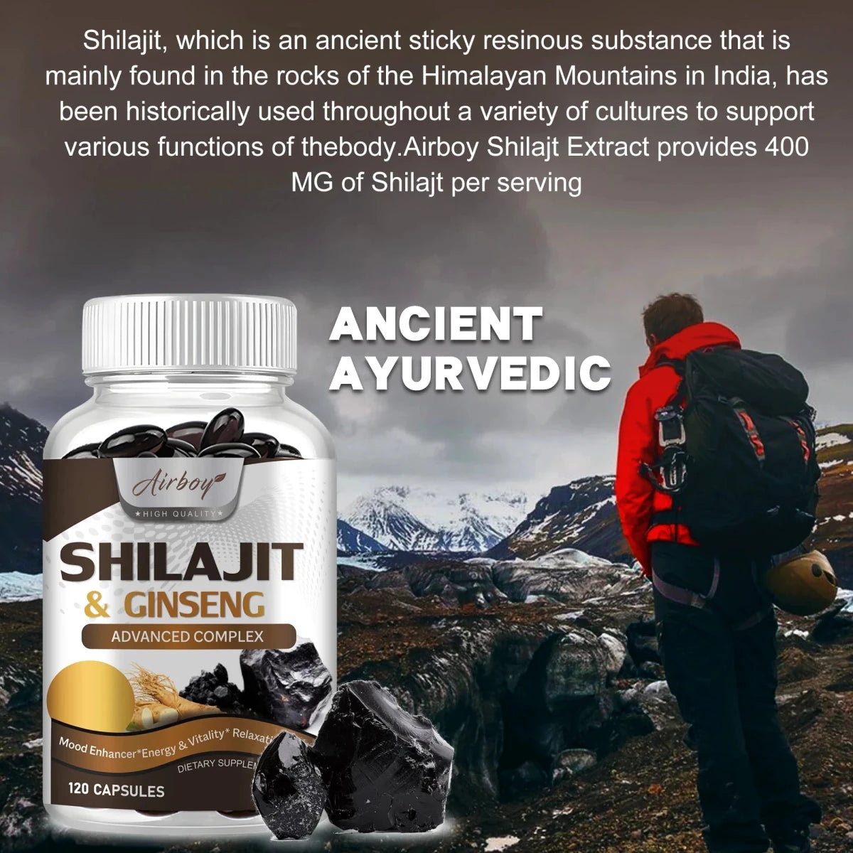 Shilajit & Ginseng Supplement - Provides Energy and Endurance, Enhances Brain & Memory, Immune Support - 120 Capsules MANDOTOS